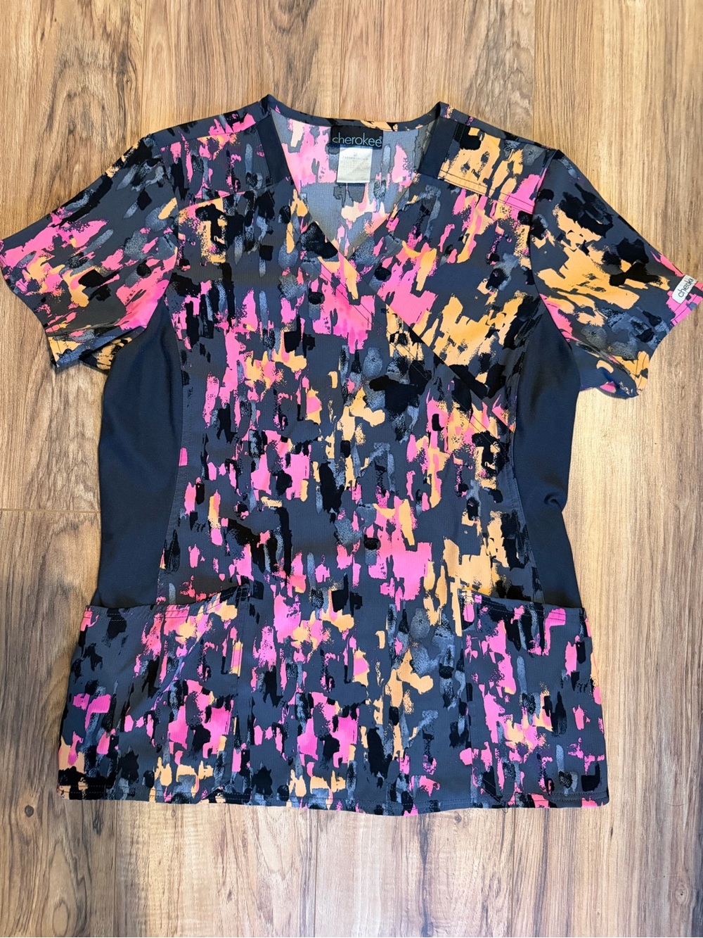 Cherokee V-Neck Scrub Top in Black, Pink & Orange Abstract Print
